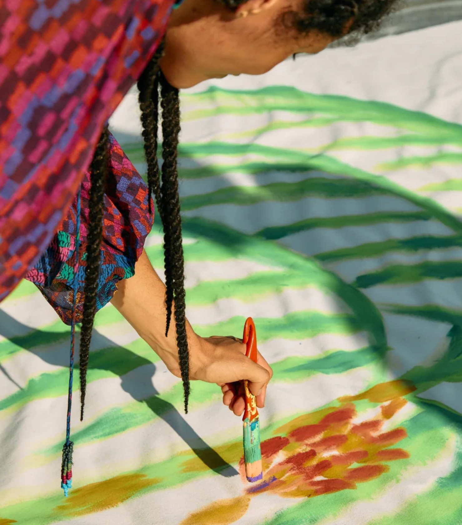A close-up view of intricate tropical fabric patterns from Farm Rio's exclusive print archive.
