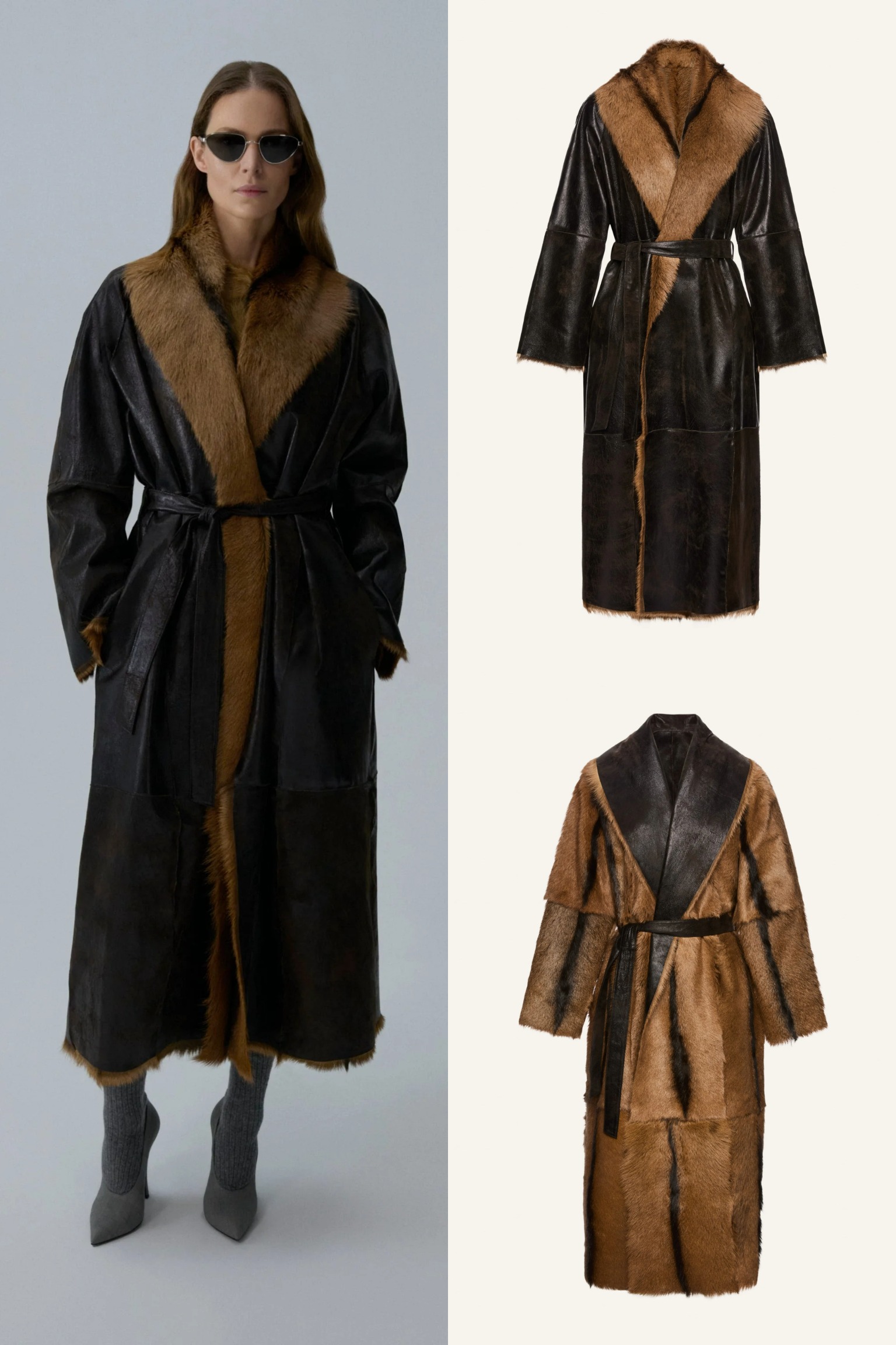 The Magda Butrym Reversible Shearling Coat in rich brown leather displaying its dual-textured construction.