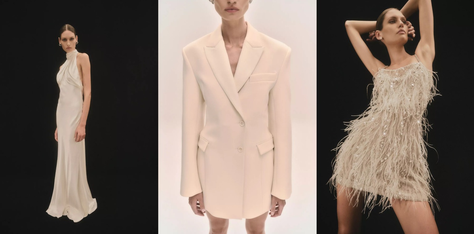 A modern Rachel Gilbert bridal gown highlighting contemporary tailoring for civil ceremonies and receptions. (Photo: Vogue)