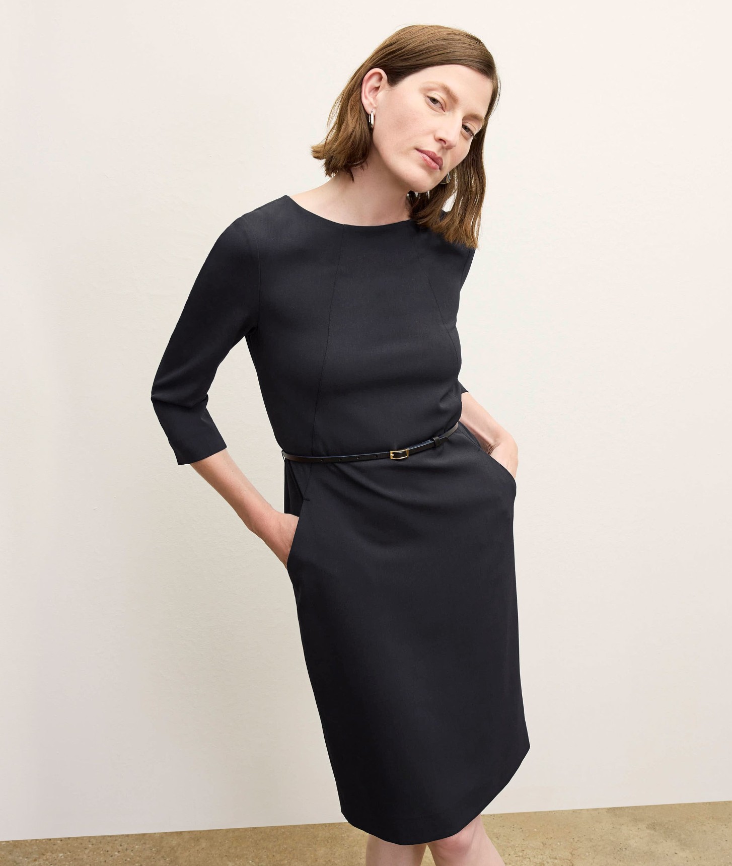The structured M.M.LaFleur Etsuko Sheath Dress made from eco-conscious WonderTex fabric.