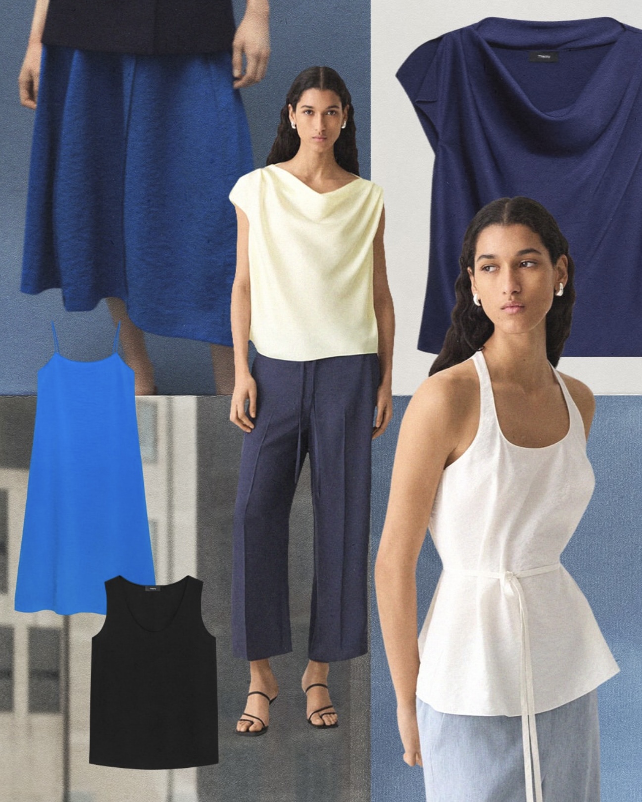 Theory's summer collection featuring fluid silk georgette shells and tailored satin separates.