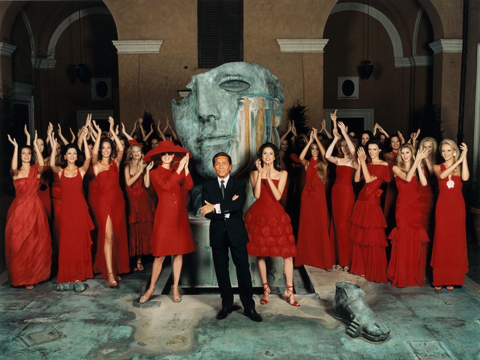 Valentino Garavani in Rome with his models, circa 1999