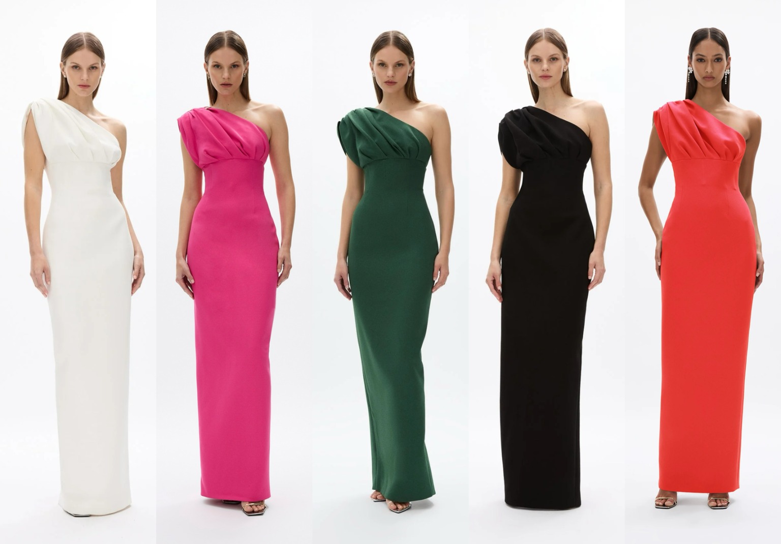 The Rachel Gilbert Winnie Gown in moss crepe showing the one-shoulder neckline and internal boned corset.