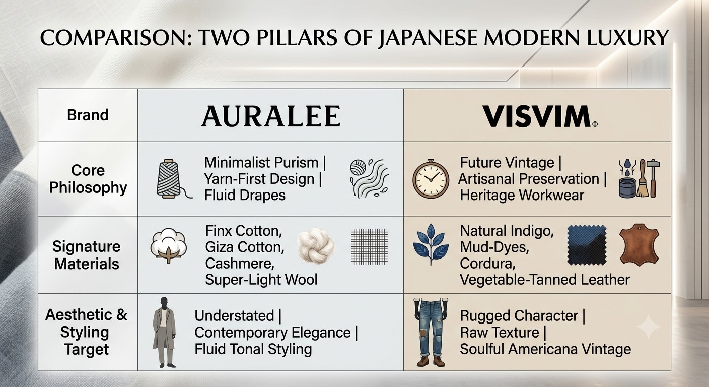 A side-by-side brand comparison chart breaking down the design philosophies, signature fabrics, and silhouettes of AURALEE and visvim.