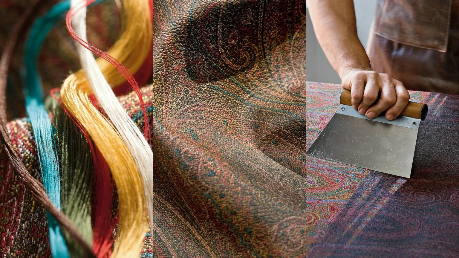 Close-up of the five-thread color weave—red, turquoise, yellow, green, and ivory—that constructs Etro's Arnica fabric.