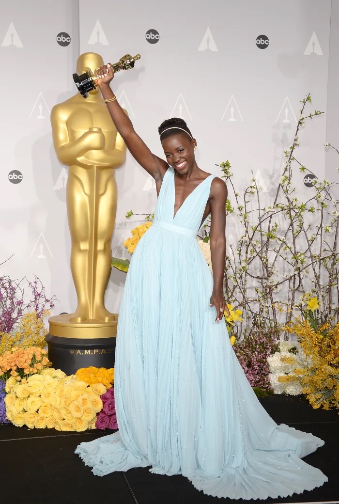 Lupita Nyong'o wore a custom blue Prada gown at the 2014 Oscars  