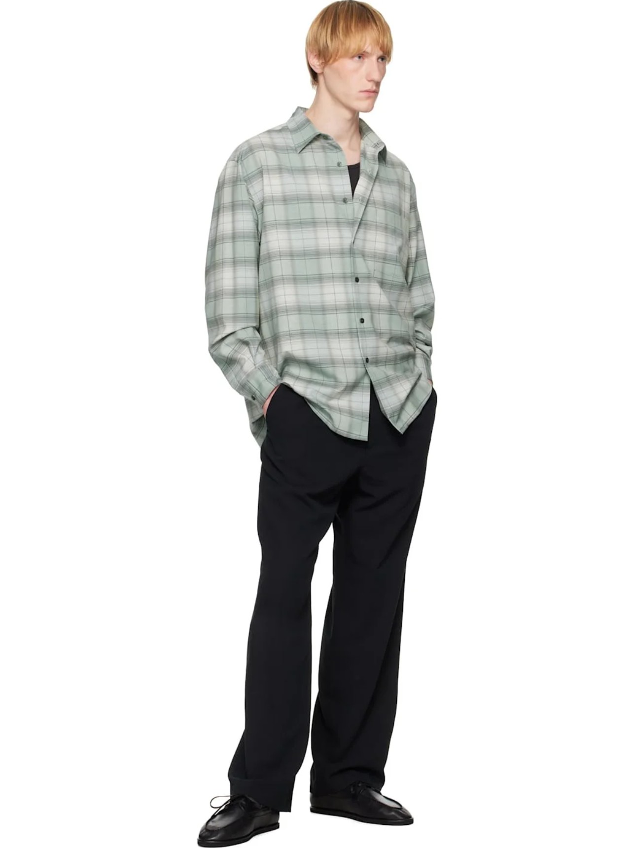Lightweight AURALEE check shirt woven from ultra-fine Super 120s worsted wool yarns in a heathered pattern.