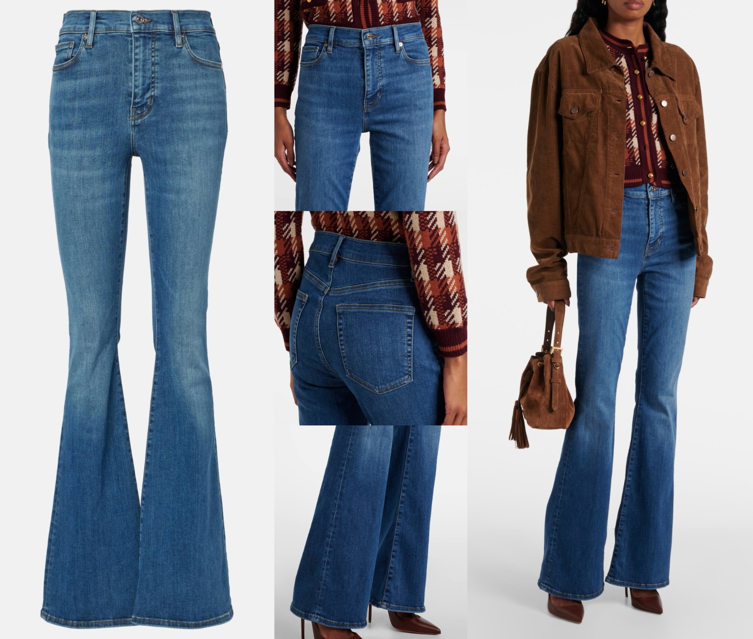Detailed close-up showing the hip cut and flared hem construction of FRAME Le High Flare jeans.