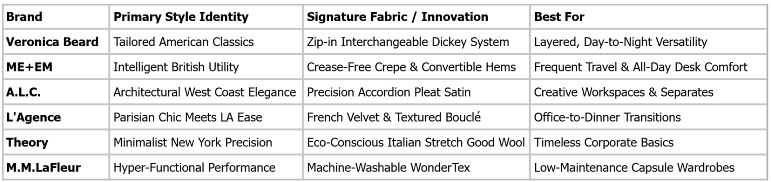 A brand comparison chart breaking down the design philosophies and signature fabrics of Veronica Beard, ME+EM, A.L.C., L'Agence, Theory, and M.M.LaFleur.