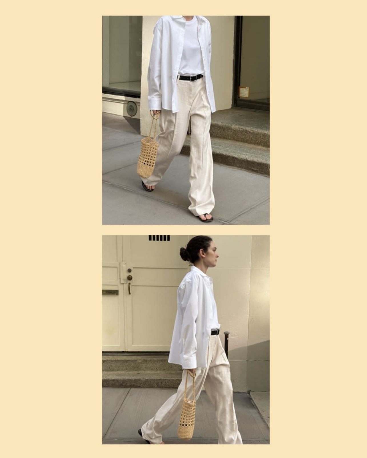 A.L.C. summer street style featuring the Kari Relaxed Tee, Mason Shirt, Winston Linen Pant, and Rita Bag.