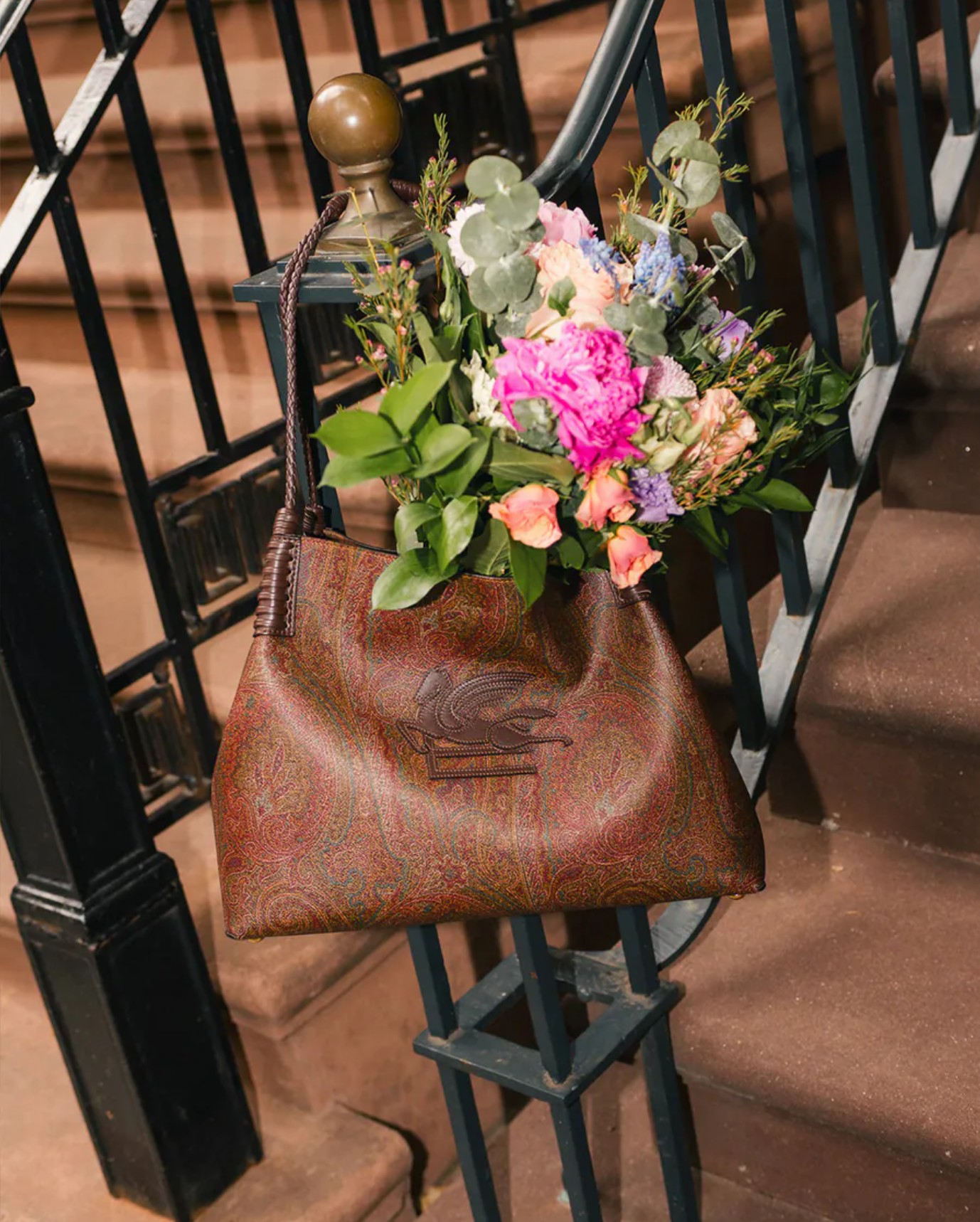The Etro Arnica Tote Bag in classic jacquard paisley, detailed with the brand's signature Pegaso logo.