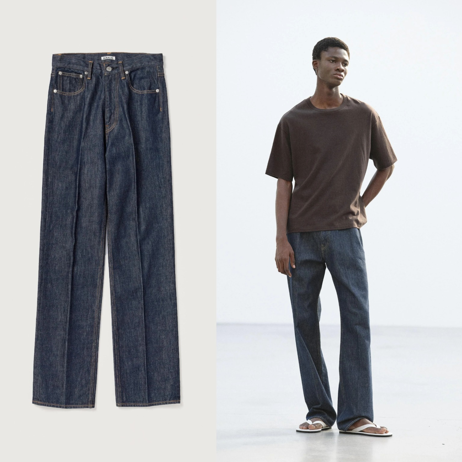 Clean-cut AURALEE hard-twist indigo denim pants showing a crisp straight-leg silhouette and raw texture.