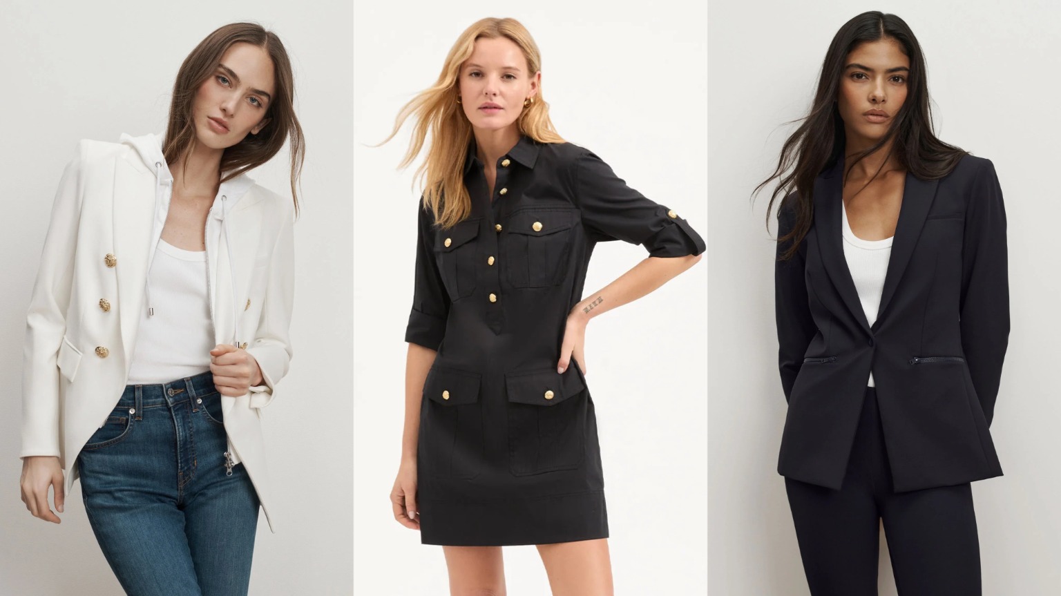 A selection of iconic Veronica Beard pieces including the Miller Dickey Jacket, Scuba Blazer, and Saude Cargo Dress.