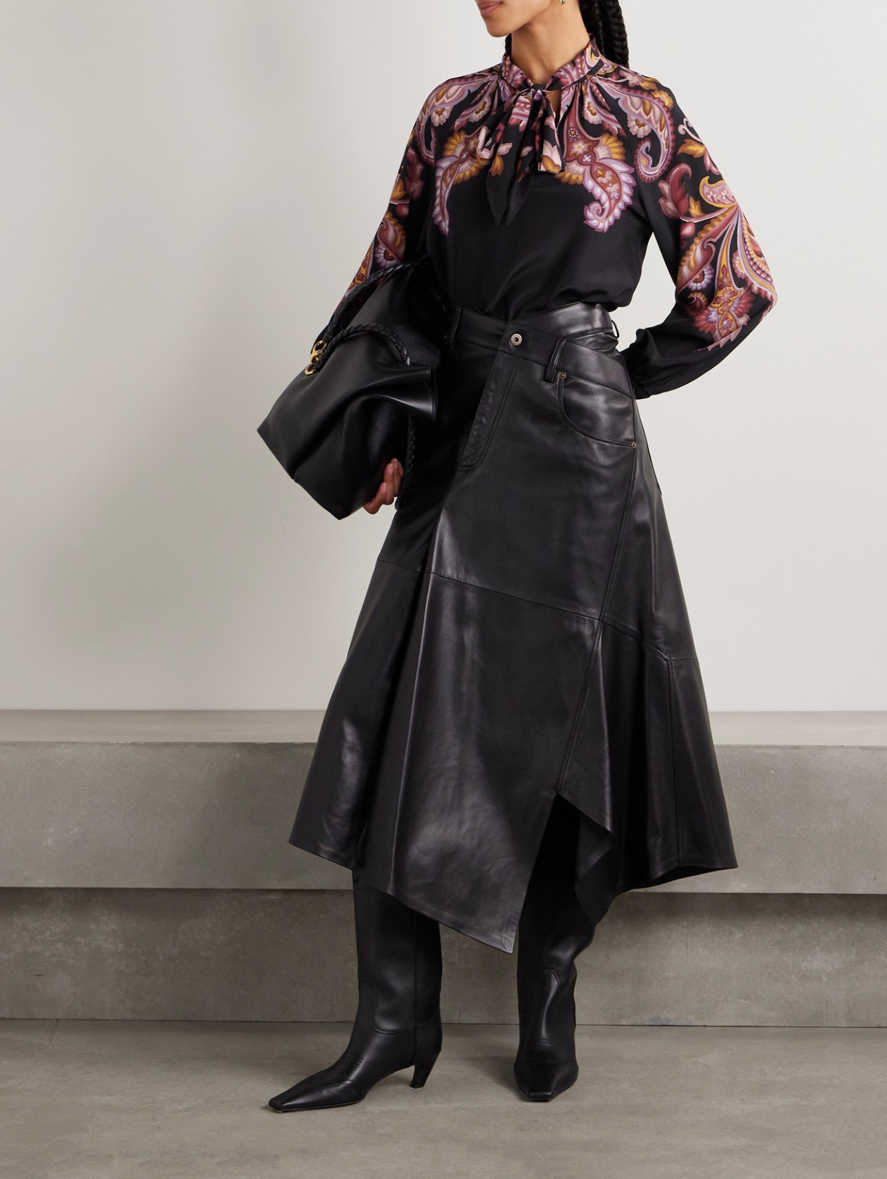 Styling edit featuring the Etro pussy-bow paisley print silk blouse tucked into tailored trousers.
