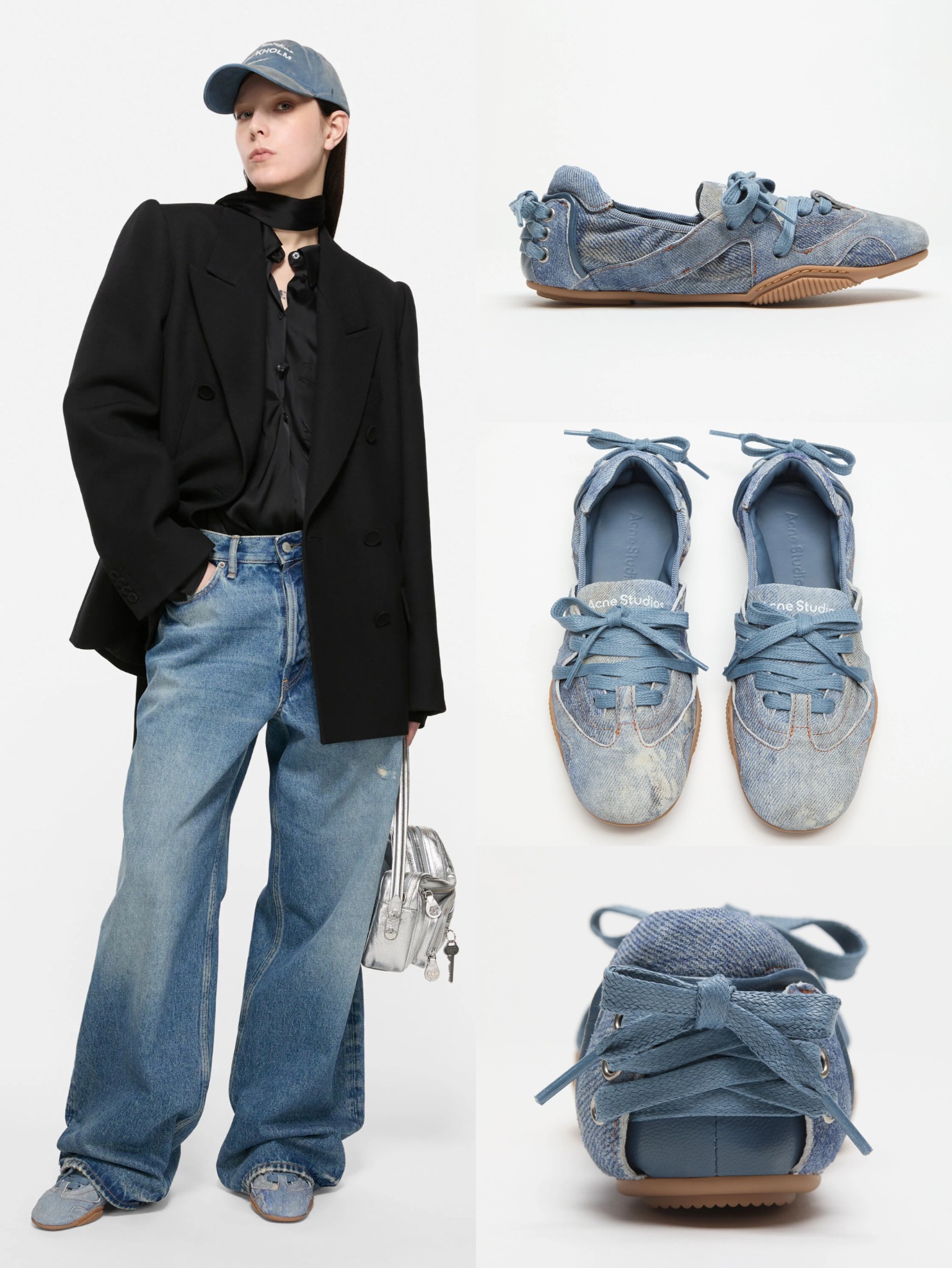 Acne Studios lace-up leather shoes reimagine the ballerina silhouette with a denim-inspired trompe l'oeil print and decorative lacing at the back with  suede leather and seamless rubber soles