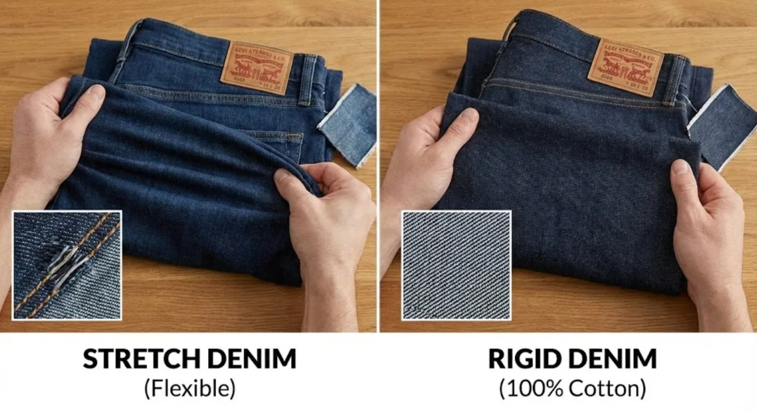 The primary difference between stretch and rigid denim shown through fiber composition, highlighting elastane and engineered stretch fibers versus 100% cotton yarns.