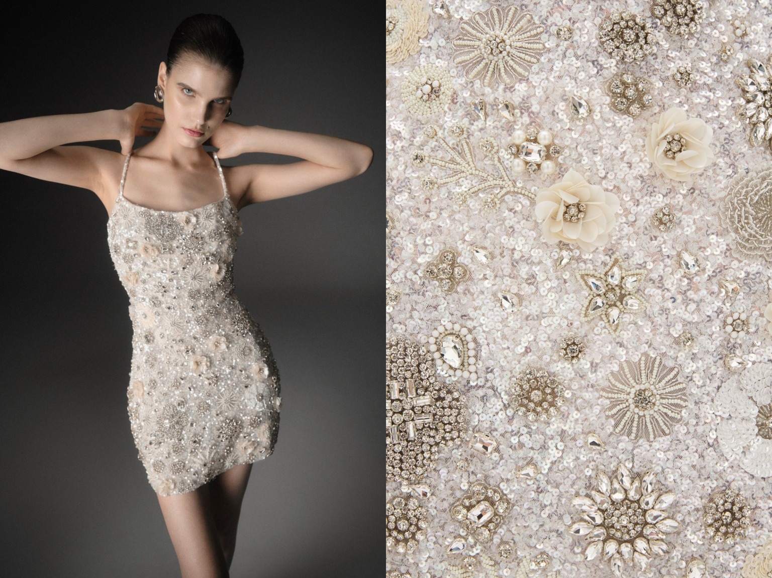The Rachel Gilbert Francesca Mini Dress showcasing dense, hand-applied sequins against a structured mesh base.