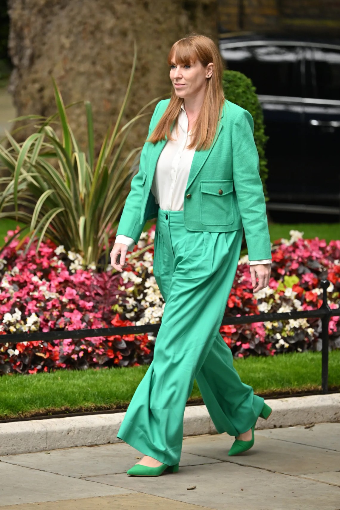 British politician Angela Rayner wearing ME+EM's Fluid Micro Pleat Wide-Leg Trouser Suit.