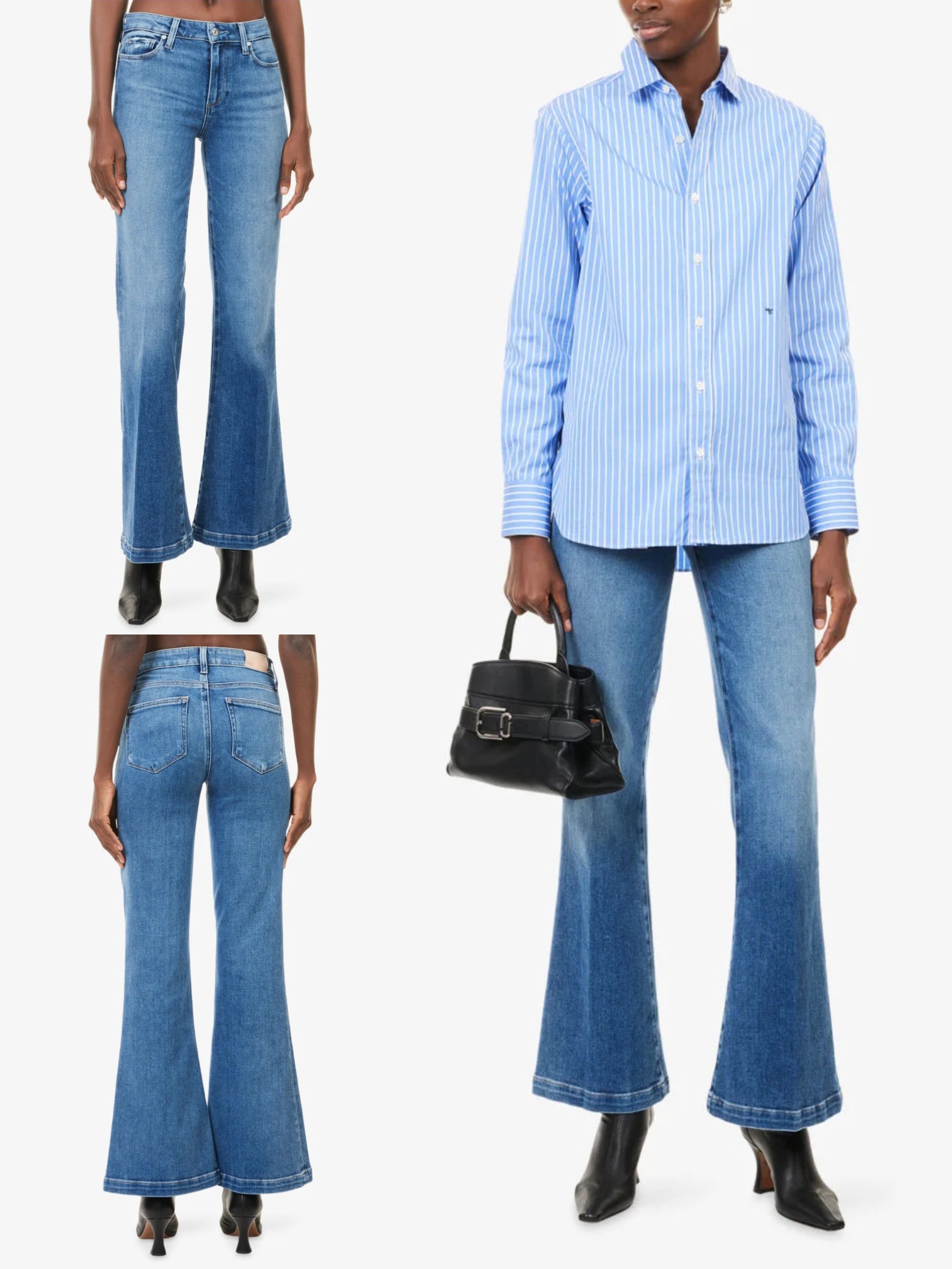 PAIGE Genevieve 32 Flared-Leg Mid-Rise Stretch-Denim Jeans in a classic blue wash.