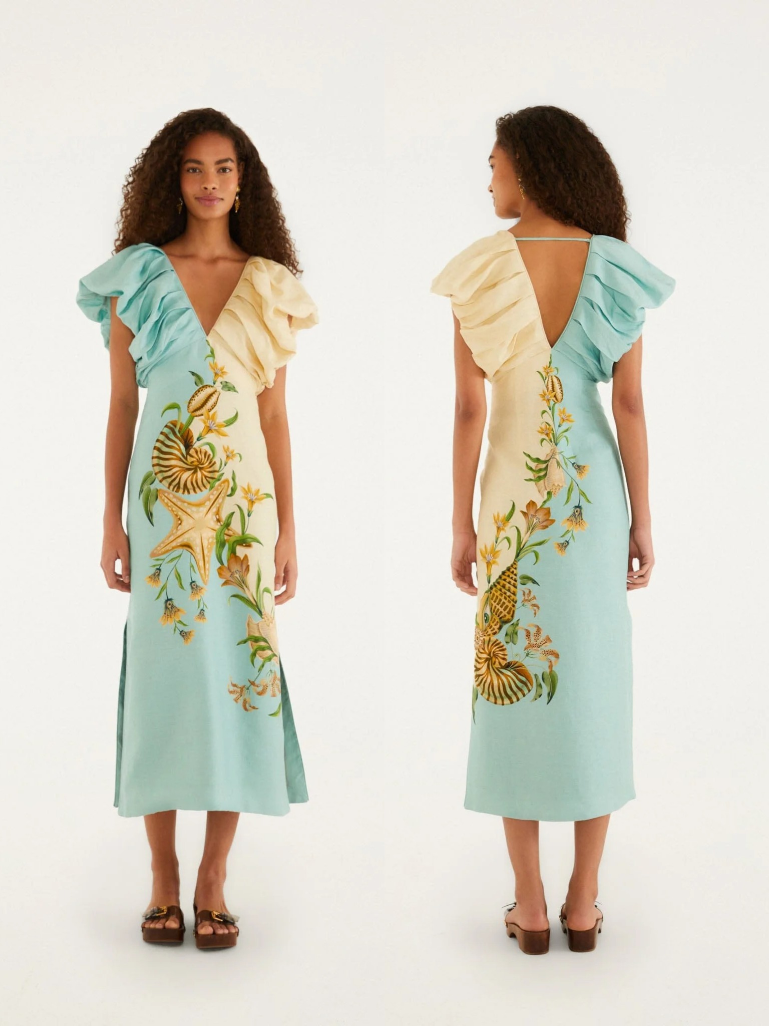 The Farm Rio Bicolor Marine Garden Midi Dress with dramatic elasticated puff sleeves and botanical sea motifs.