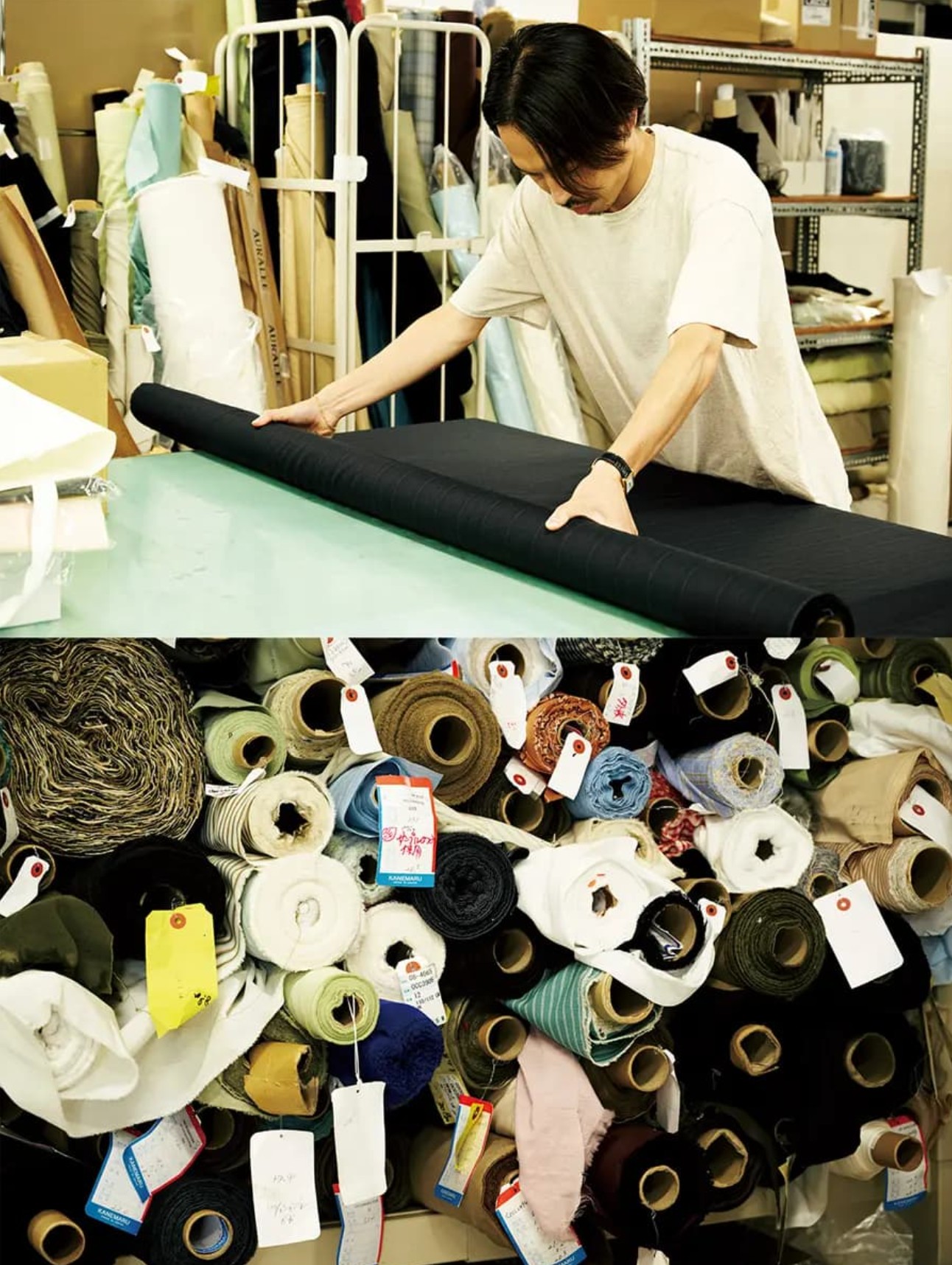 A detailed view of custom-woven Japanese textile, emphasizing AURALEE’s devotion to fiber purity and tactile drape.