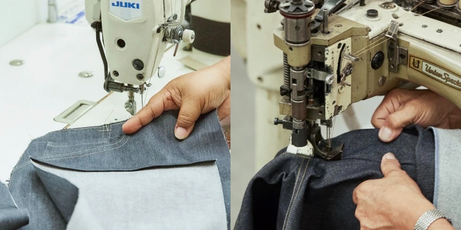 Close-up of unique Citizens sewing techniques, demonstrating how crafting a basic pair of five-pocket jeans requires as many as fifty steps.