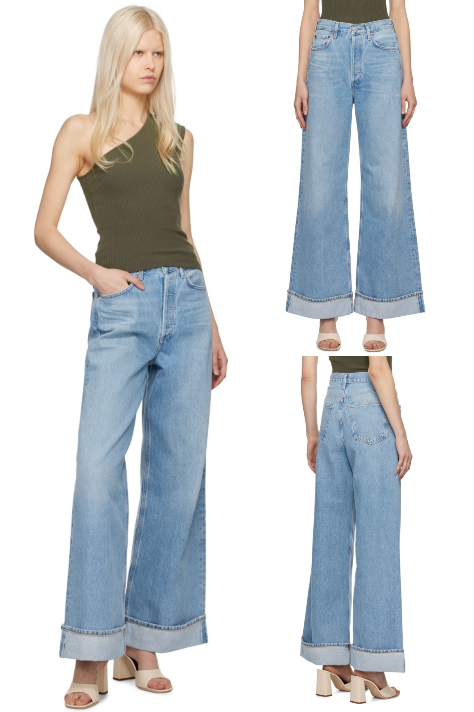 Blue AGOLDE Dame High Rise Wide Leg Jeans showing a worn-on-body effect styled with a gray Nessa tank top.