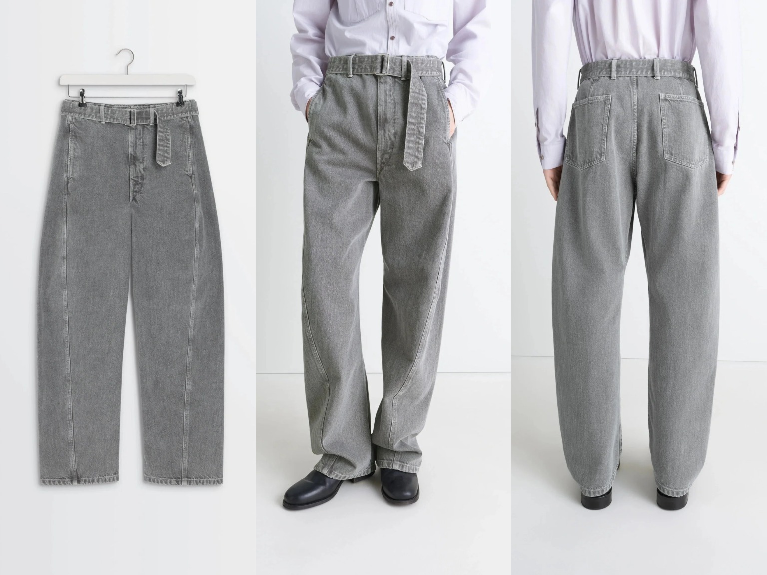 Close-up of the forward-curving side seams on Lemaire's signature twisted denim trousers.