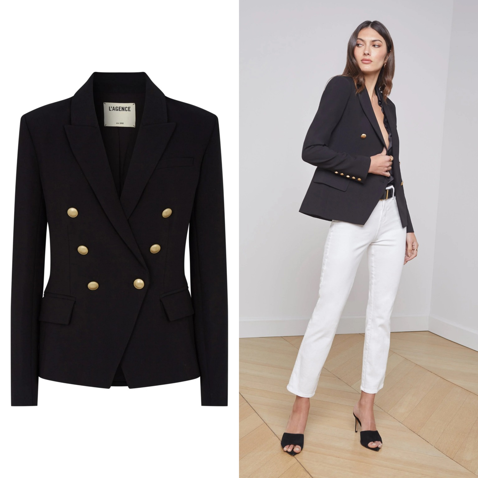 The double-breasted L'Agence Kenzie Blazer in a rich textured suiting fabric.