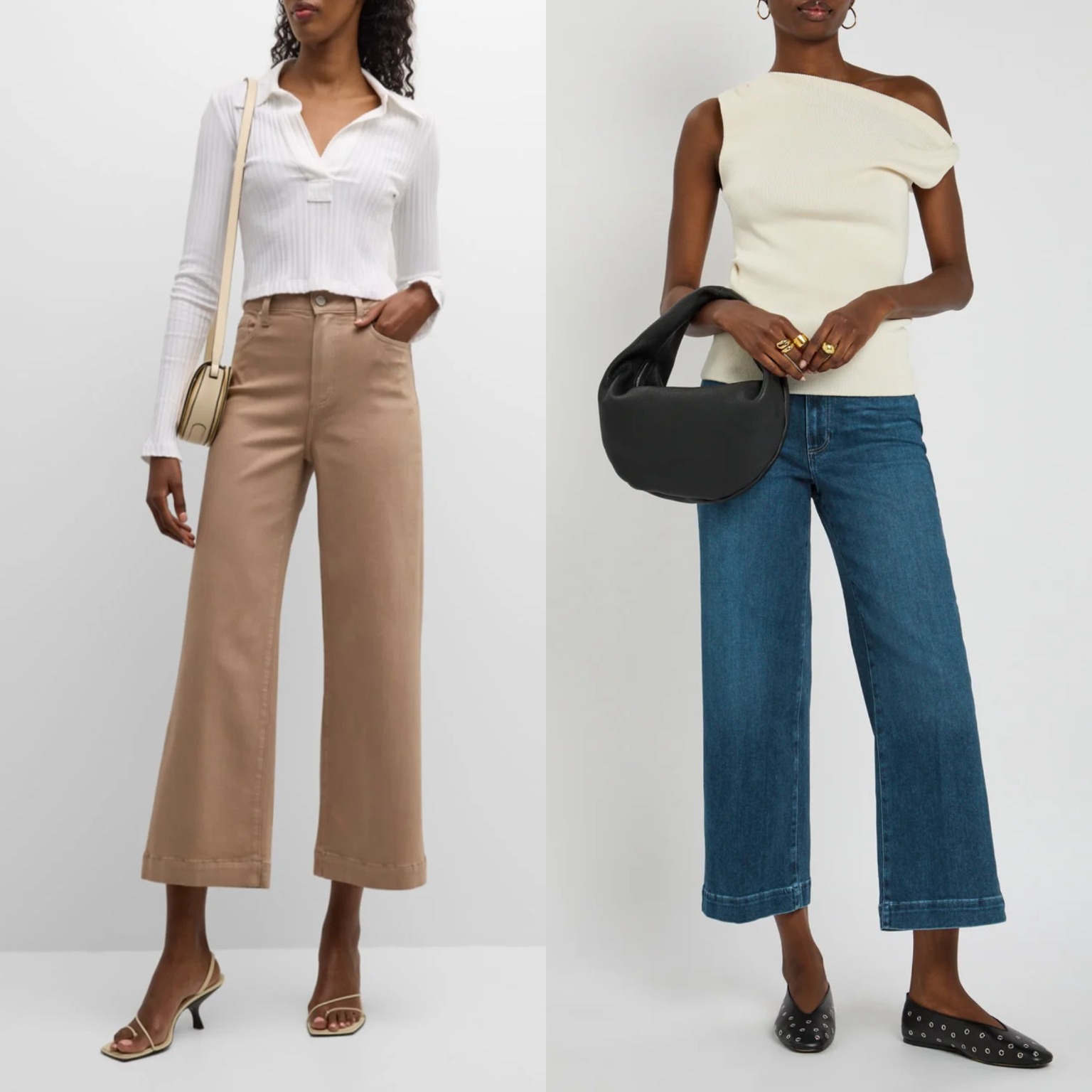 Color variation display and outfit ideas featuring PAIGE Anessa Cropped Wide-Leg Jeans.