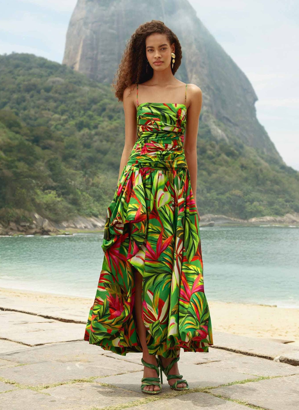 The Farm Rio Green Tropical Dream Maxi Dress in GOTS-certified organic cotton featuring fluid waist draping.