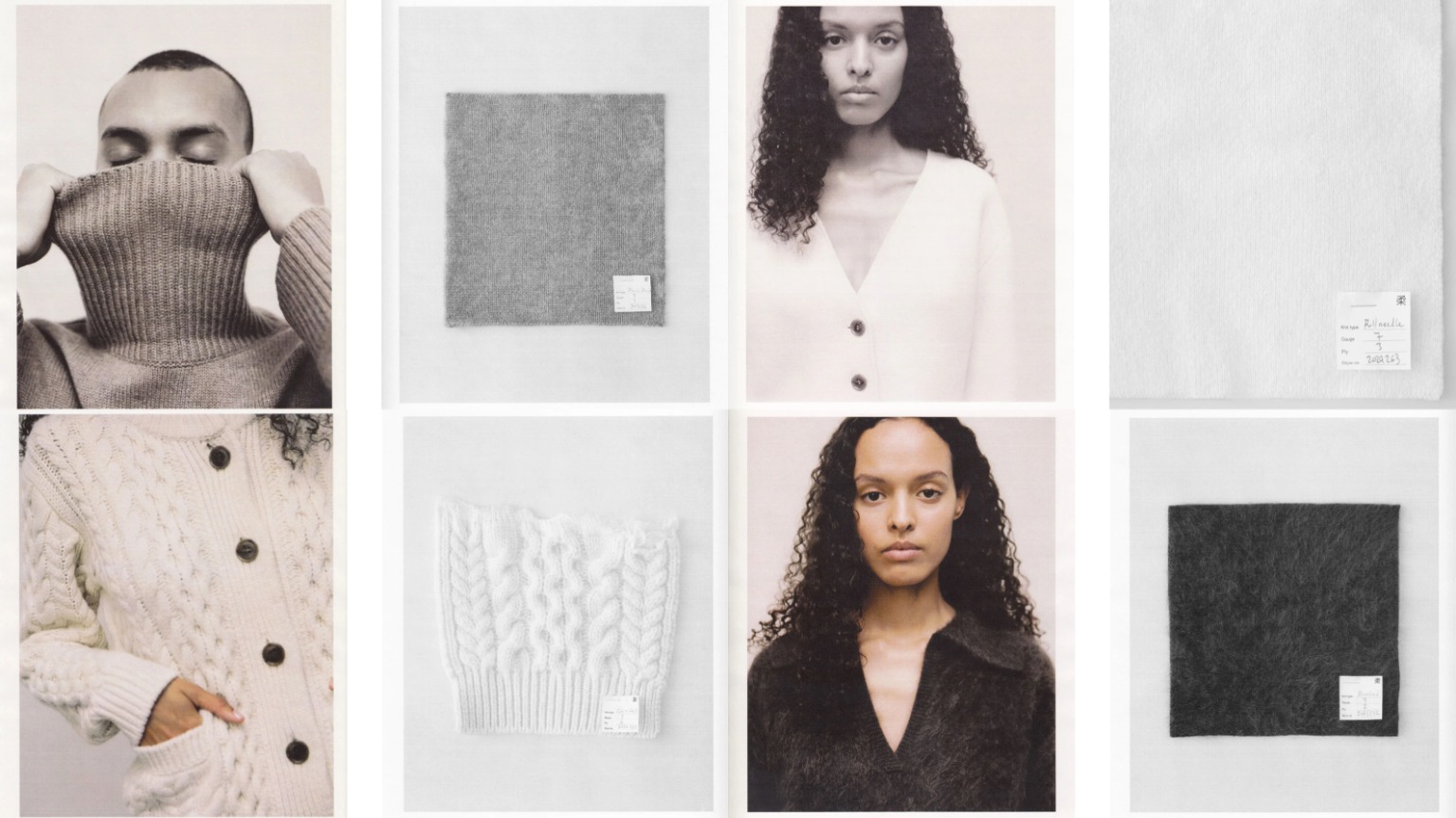 Lisa Yang's different cashmere knitting techniques: plain knit, cable knit, brushed cashmere and double face cashmere.