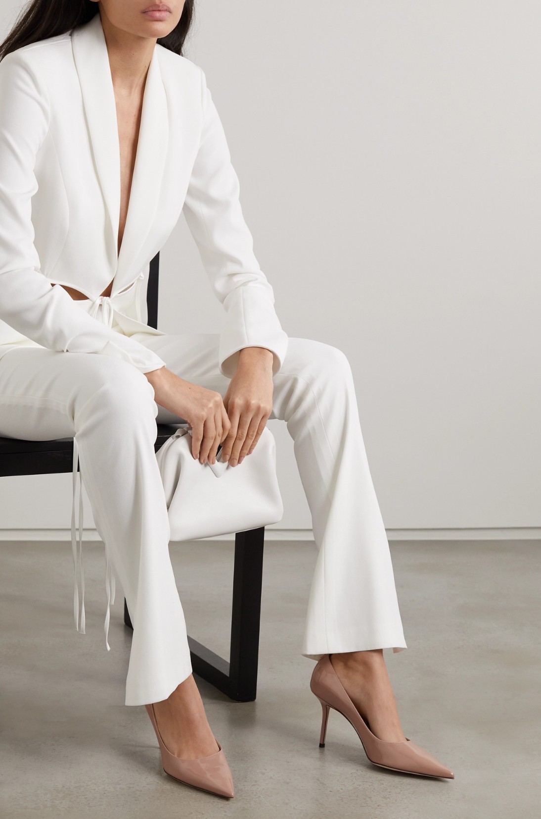 Jimmy Choo Love 85 patent leather pumps with business suit