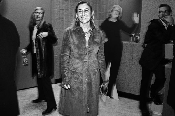 Miuccia Prada (center) backstage at the VH1 Fashion Awards in New York City, in 1998 