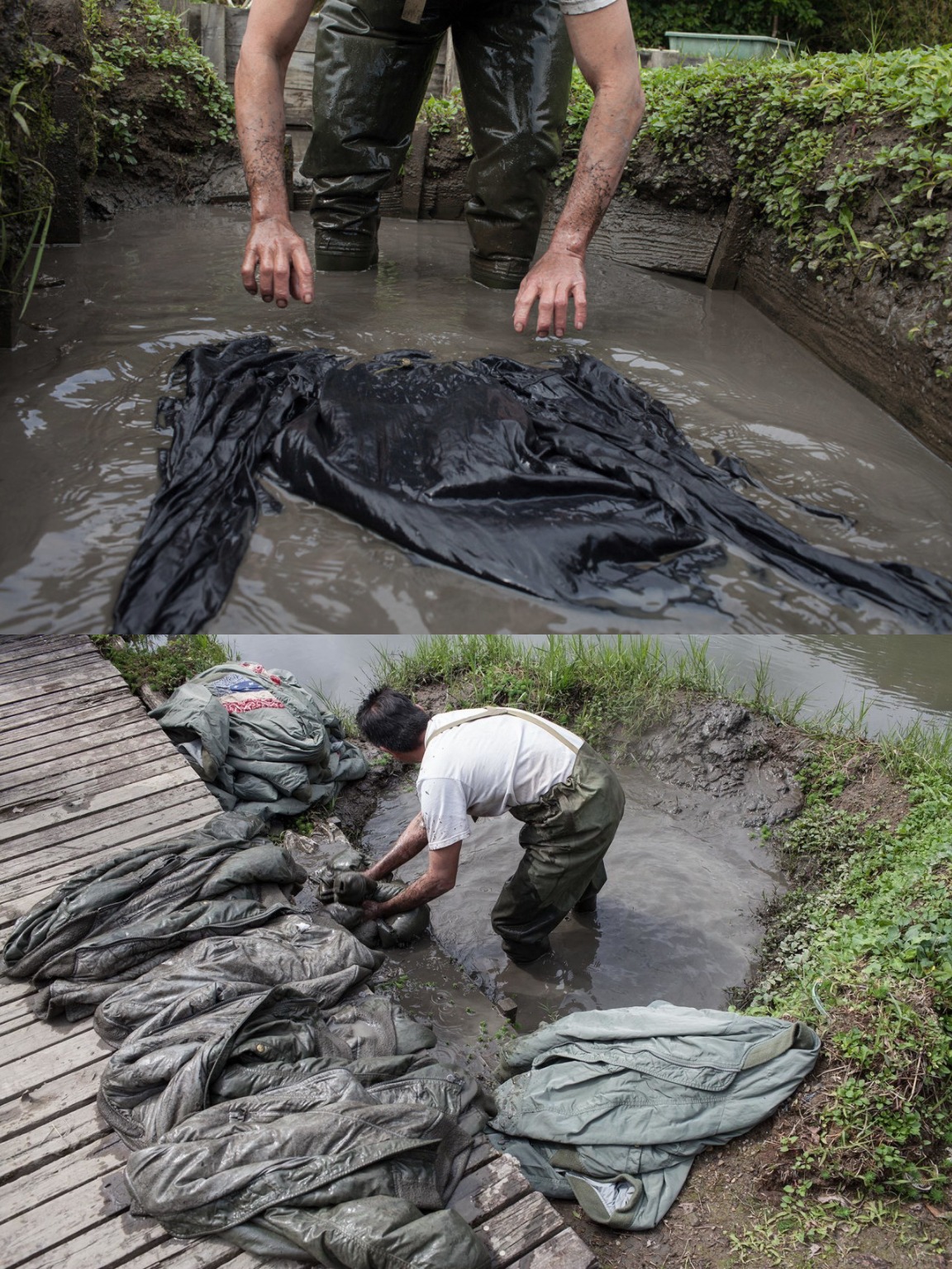 Textile artisans immersing fabric in mineral-rich volcanic mud during the traditional Japanese Dorozome mud-dyeing process for visvim.