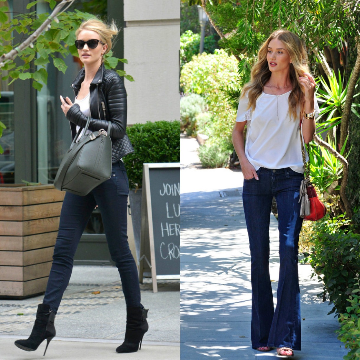 Rosie Huntington-Whiteley wearing PAIGE skinny jeans and Skyline flared jeans.