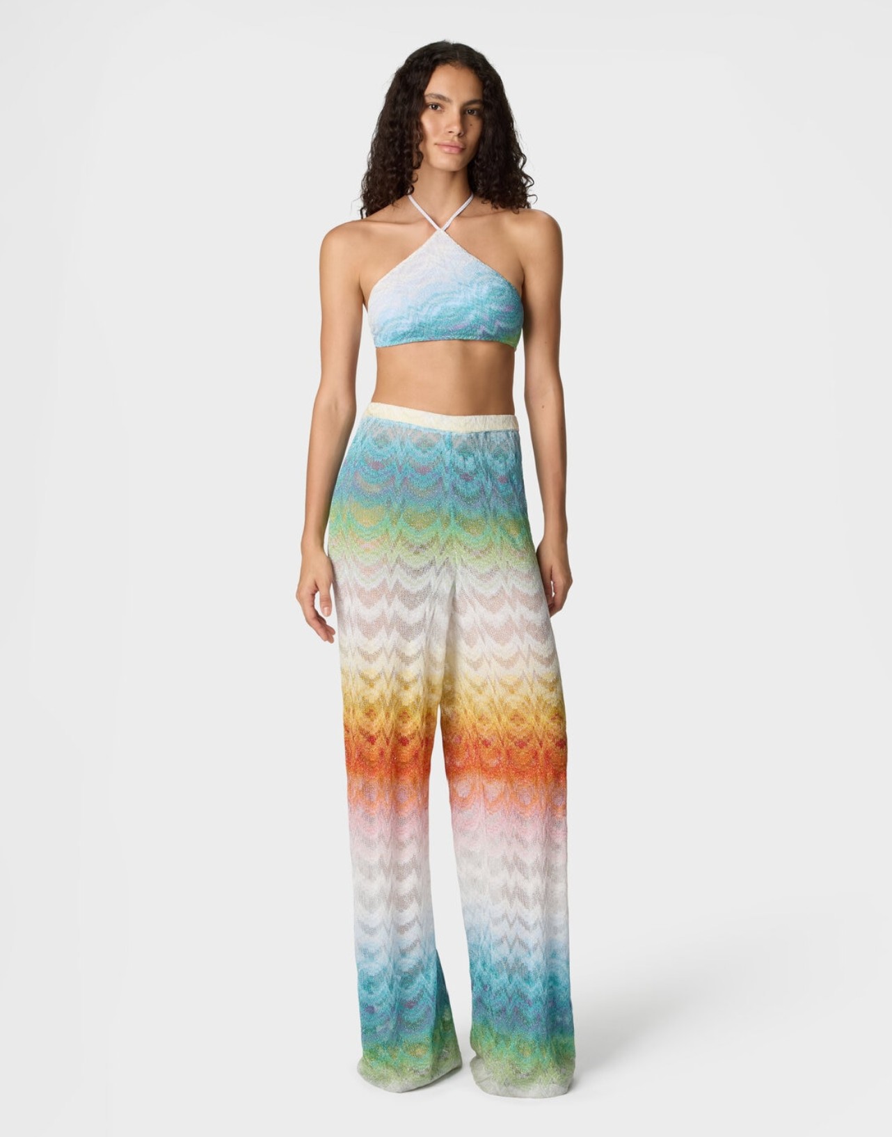 Wide-leg Missoni cover-up trousers in shaded lamé viscose showcasing an iridescent ombre gradient.
