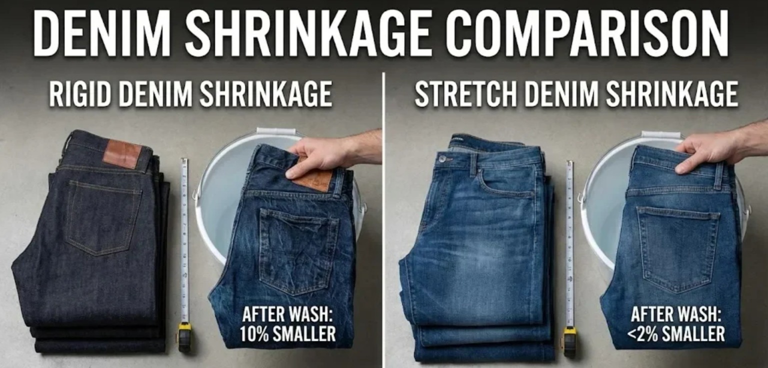  A visual denim shrinkage comparison between rigid denim and stretch denim after washing.