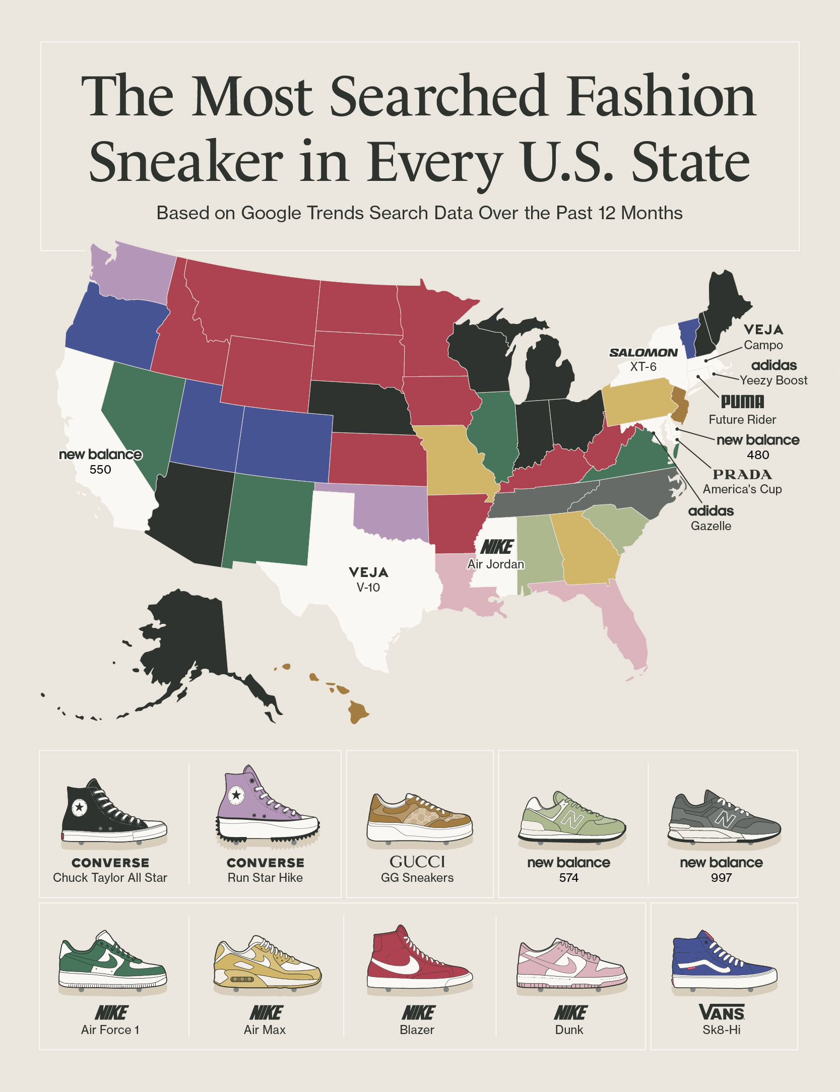 A U.S. map depicting the most popular fashionable sneaker model in each U.S. state.