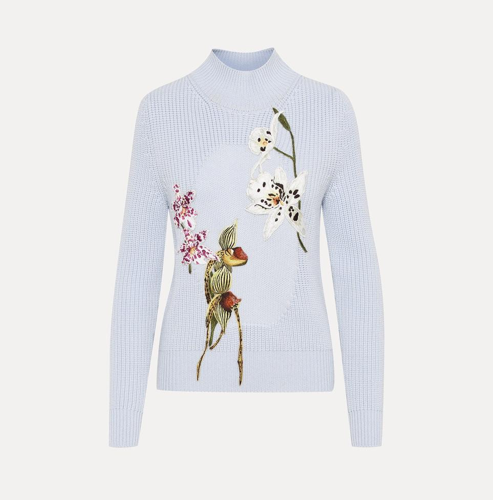 Oscar de la Renta Orchid Embroidered Portrait Pullover