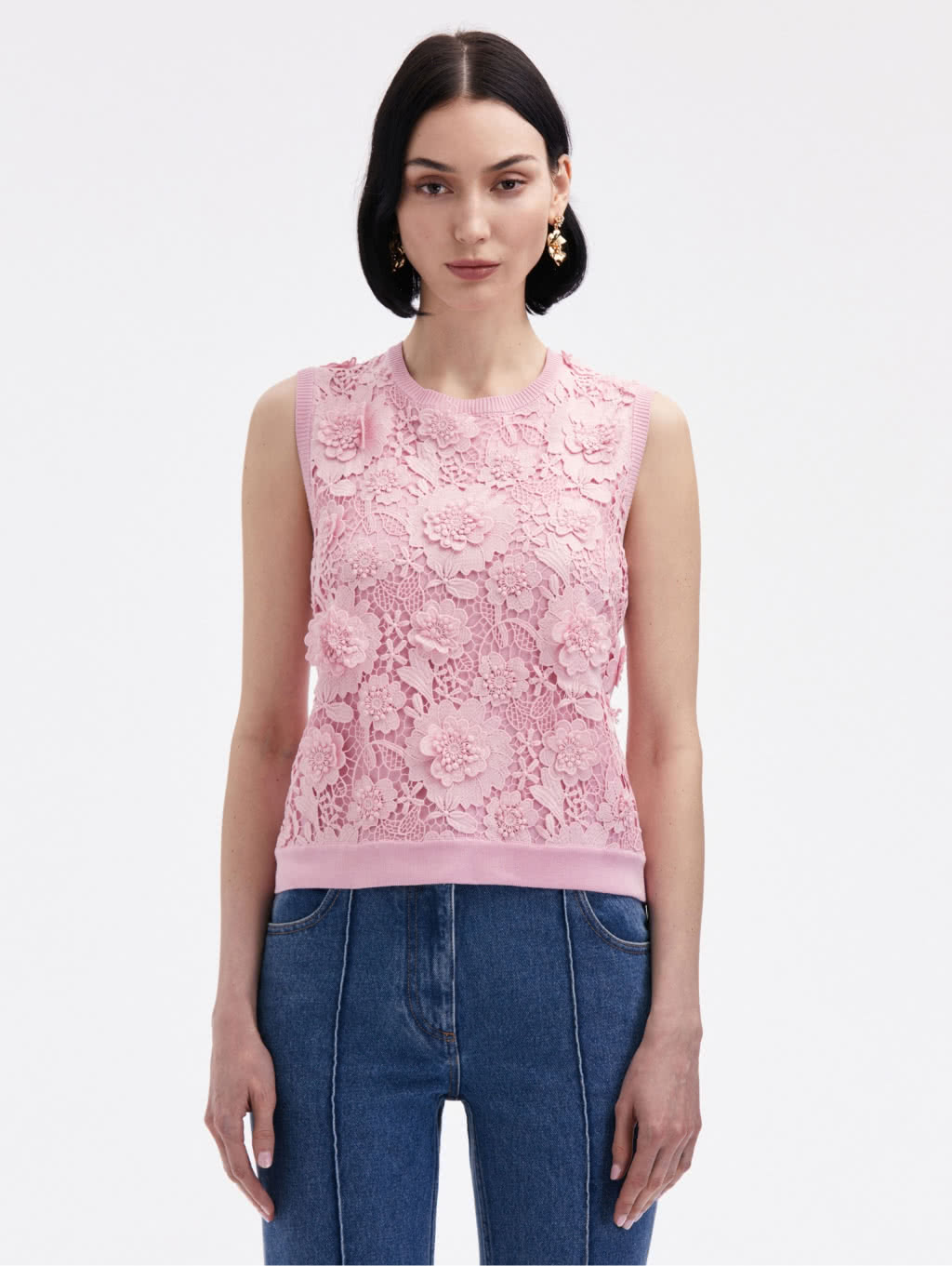 Oscar de la Renta Floral Guipure Inset Tank
