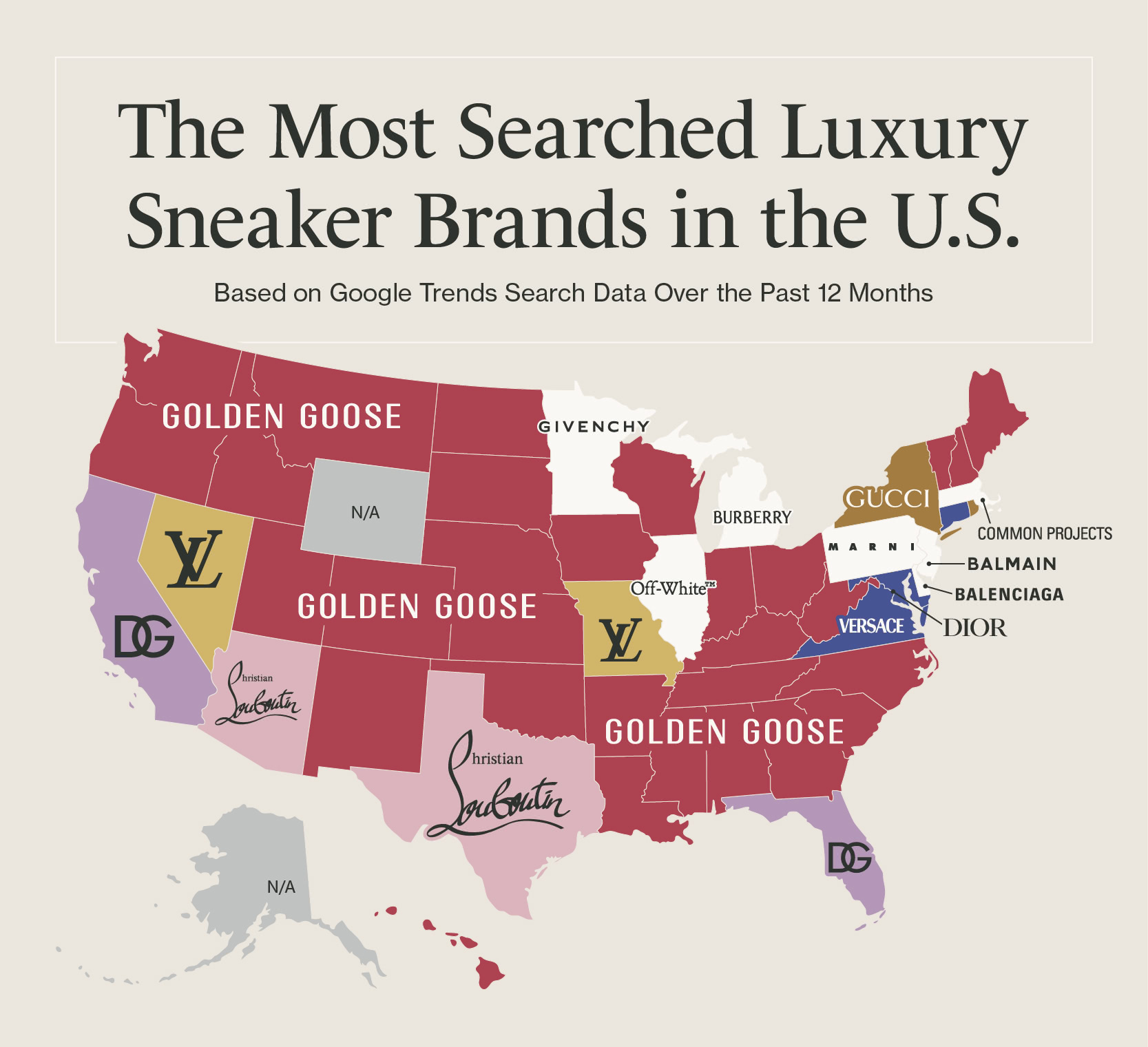 A U.S. map depicting the most popular luxury sneaker brand in each U.S. state.