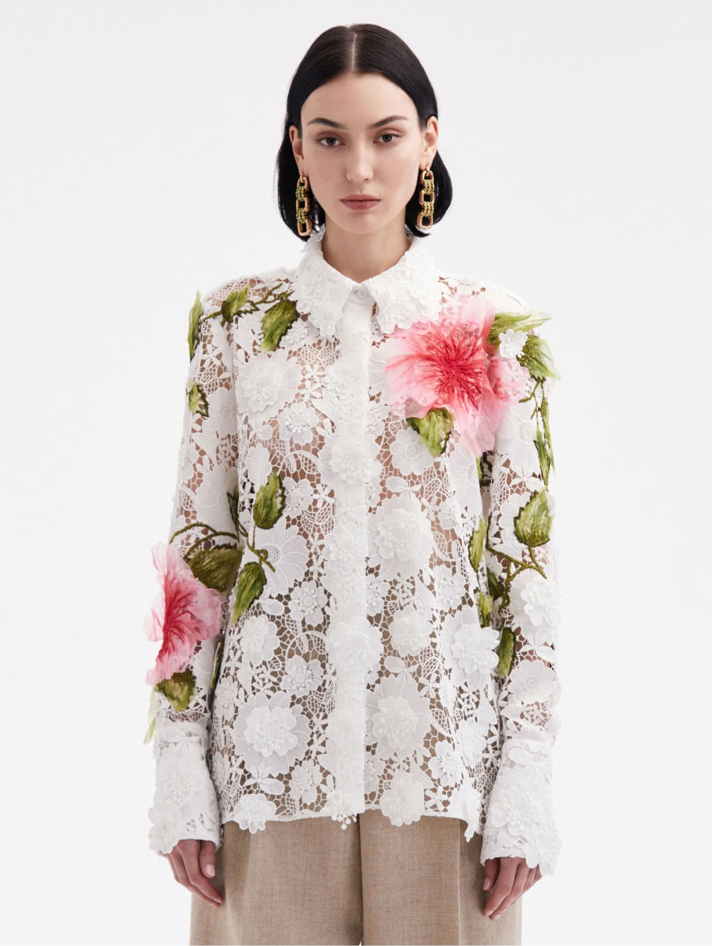 Oscar de la Renta Hibiscus Embroidered Blouse